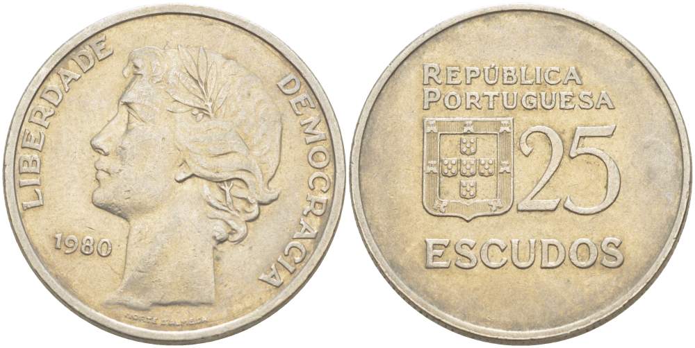 Португалия 25 эскудо 1980 первый год KM 607а медно-никель 4521-1231
