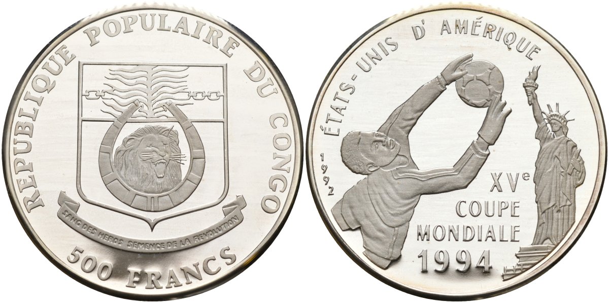 Конго 500 франков 1992 XV чемпионат мира по футболу 1994 года в США, тираж 10000 экз. KM 11 серебро PROOF 00-000-00