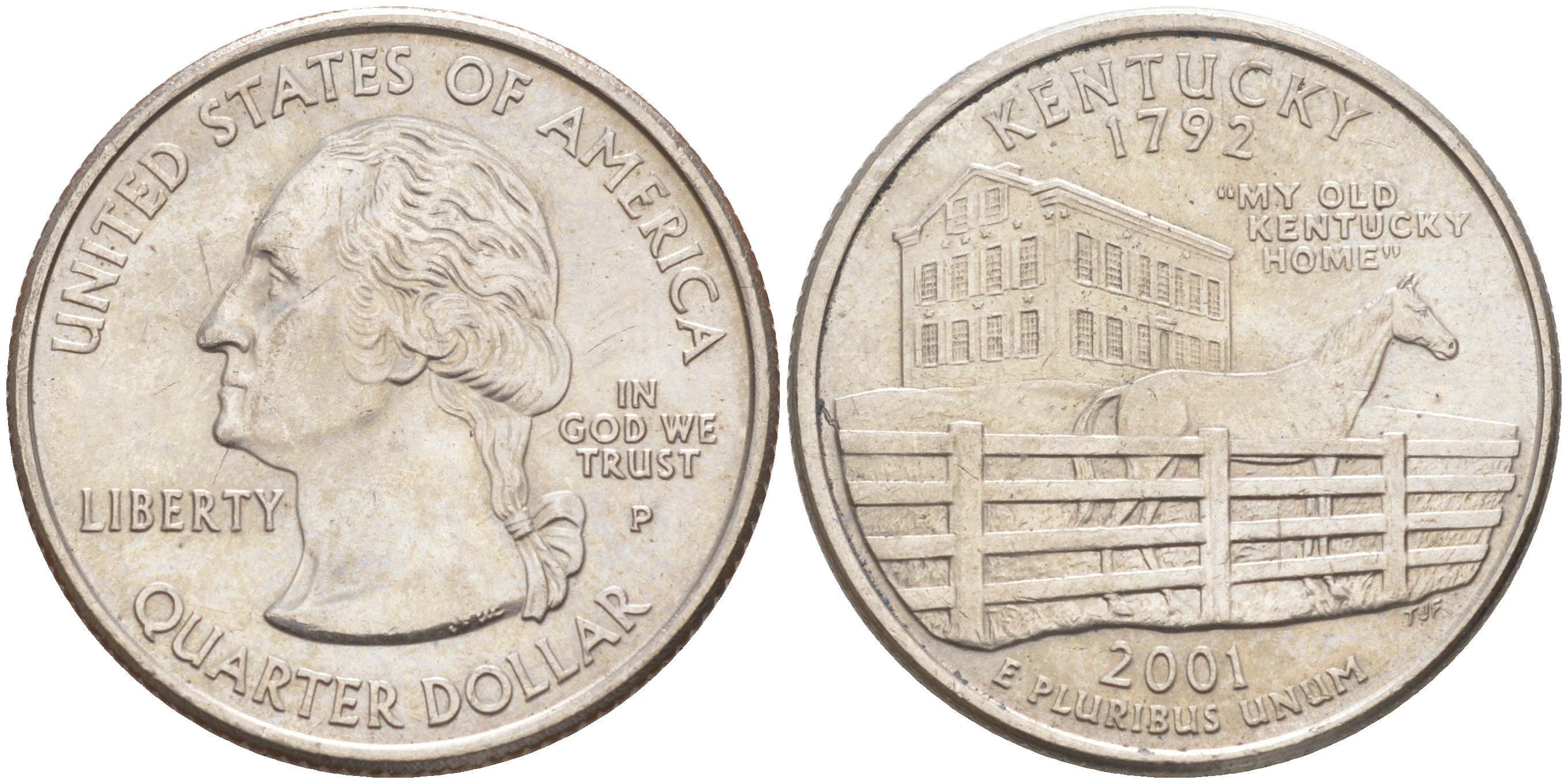 США 25 центов = квотер 2001 Р, серия штаты США, Кентукки KM 322 медь плакированная медно-никелем 4114-144