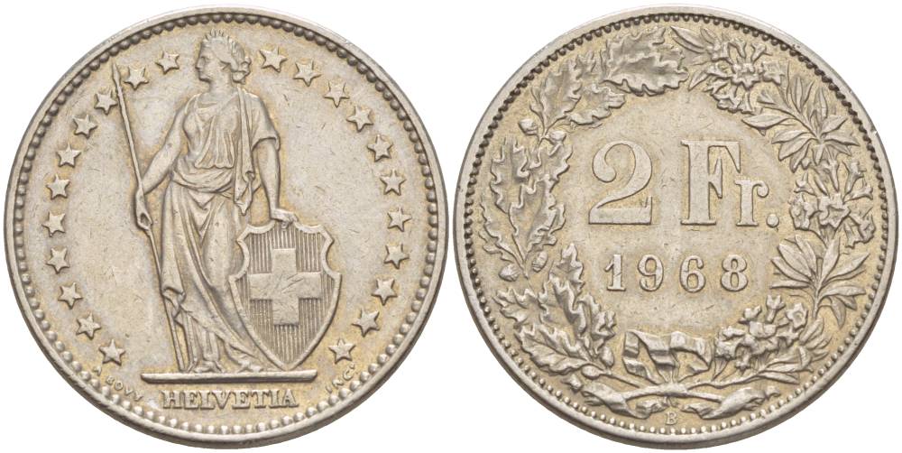 Швейцария 2 франка 1968 В KM 21а.1 медно-никель 4542-444