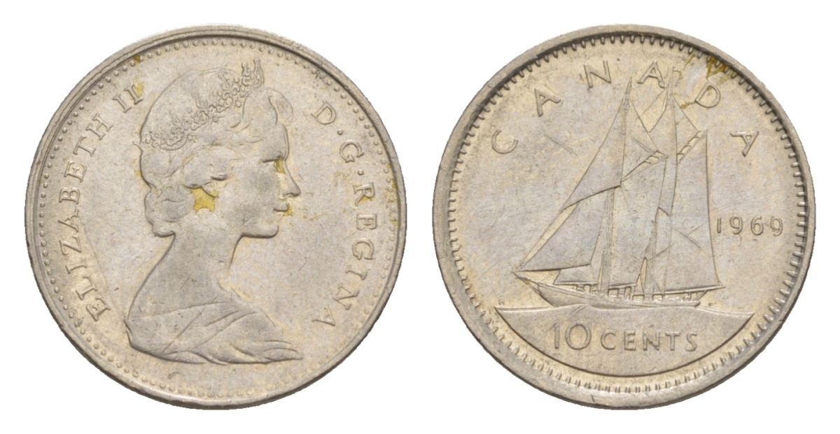 Канада 10 центов 1969 Елизавета II (1952-2022), парусник KM 77 никель 4630-818