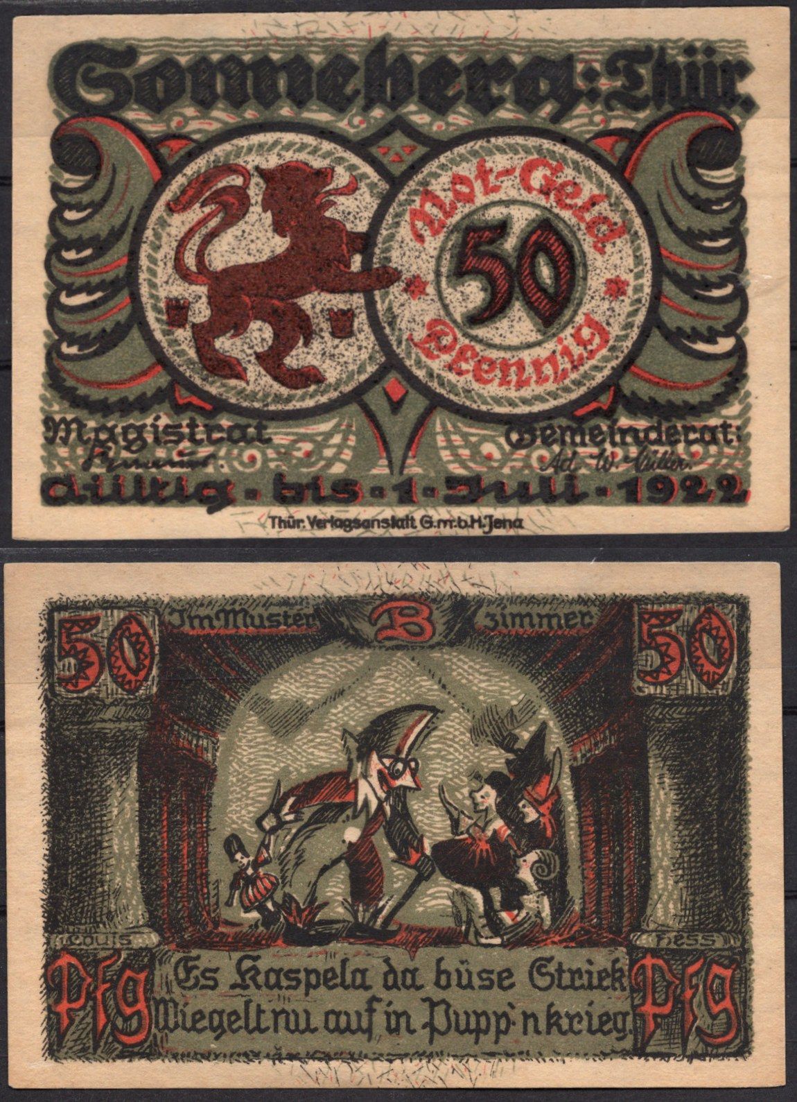 Германия, Зоннеберг 50 пфеннигов 1922 Нотгельд DeNG 2 1244.2-2/6 бумага 7556-3-2-1