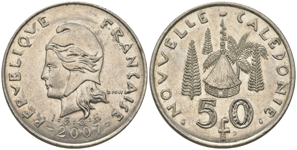Французская Новая Каледония 50 франков 2007 хижина среди сосен и пальм, (IEOM) KM 13a, Schoen 15a, Lec 128i медно-никель 114-241