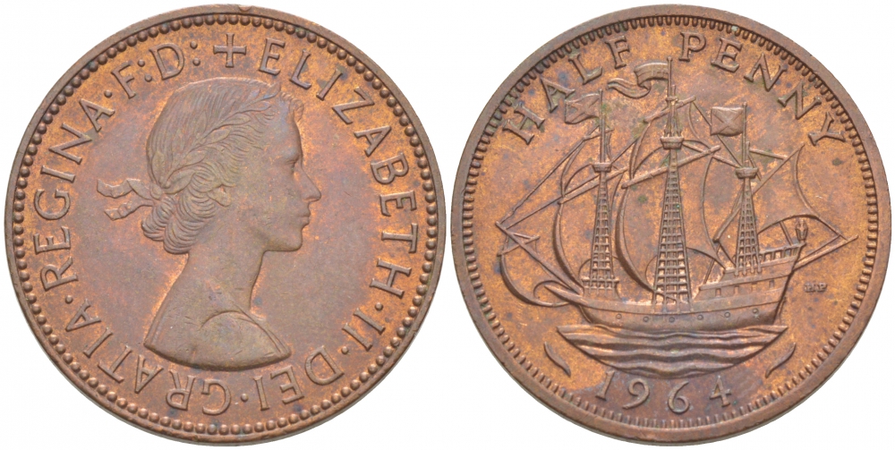 Великобритания 1/2 пенни 1964 Елизавета II (1952-2022) KM 896, Spink 4158 бронза 212-1226