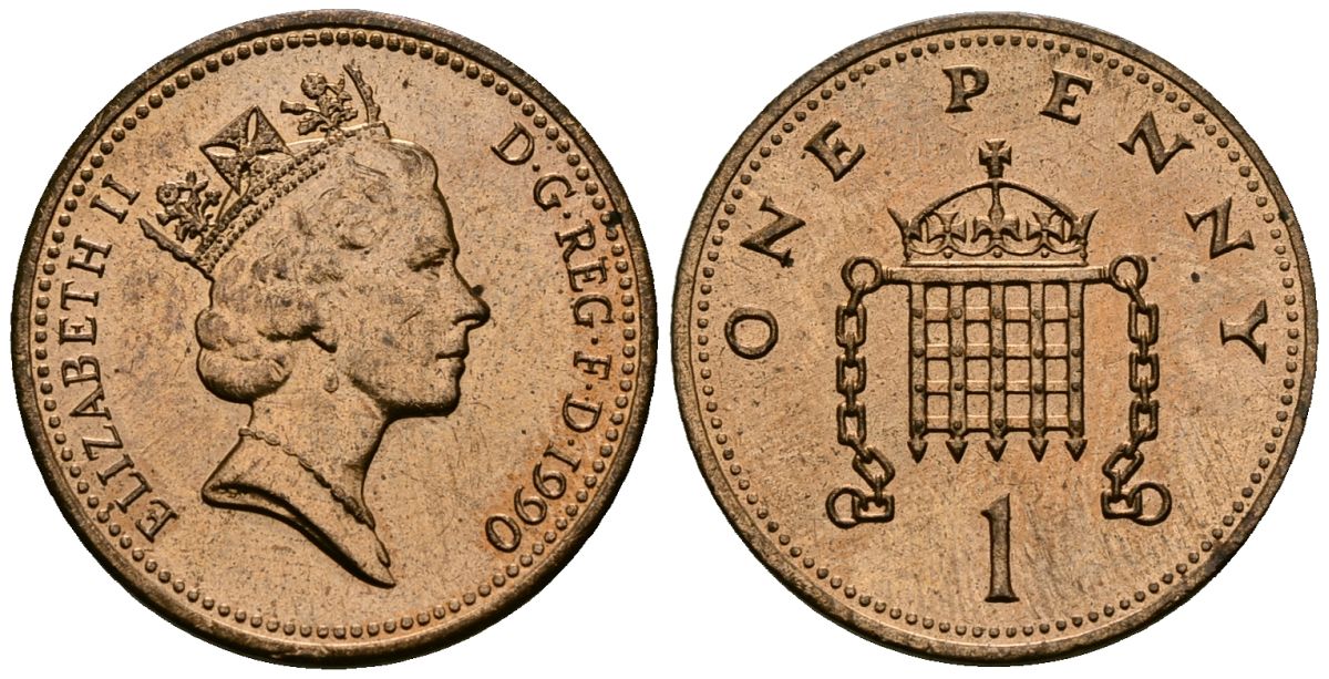 Великобритания 1 пенни 1990 Елизавета II (1952-2022) KM 935, Spink 4381 (B3) бронза 4176-622