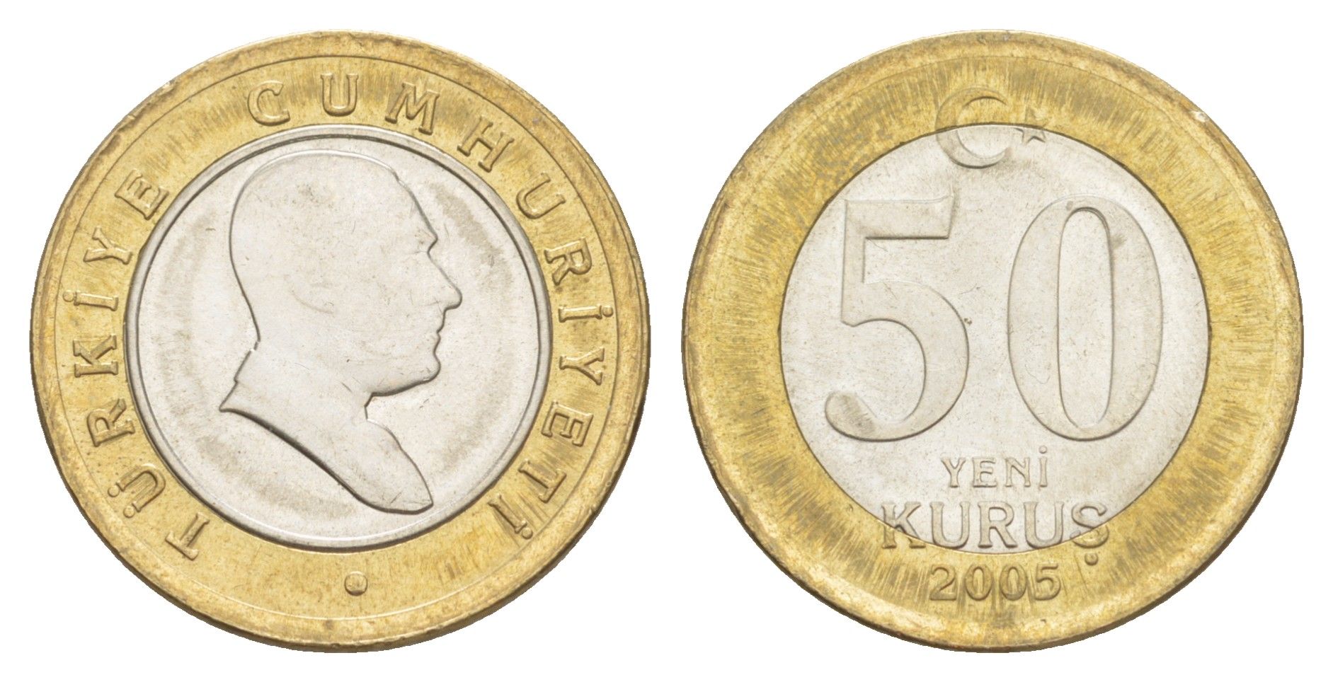 Турция 50 курушей 2005 Кемаль Ататюрк KM 1168 биметалл UNC 4648-733