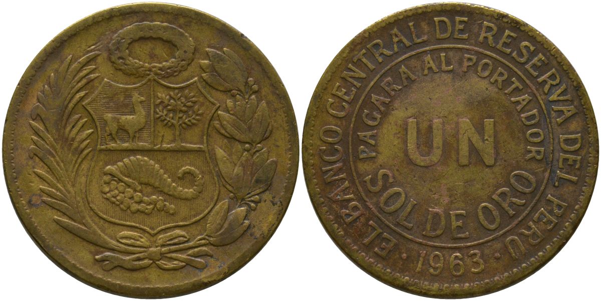 Перу 1 соль 1963 KM 222, Schon 24 латунь 4565-431