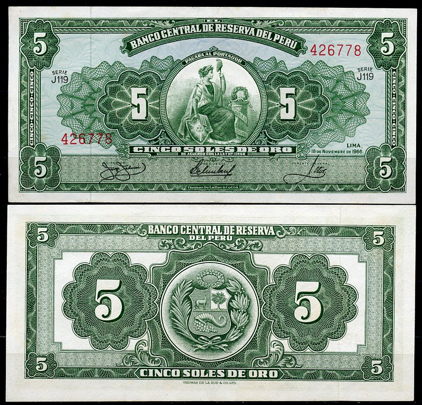 Перу 5 солей 1966 сидящая свобода, Thomas de la Rue Pick 83 a  бумага  UNC (пресс) 447-74-2-2