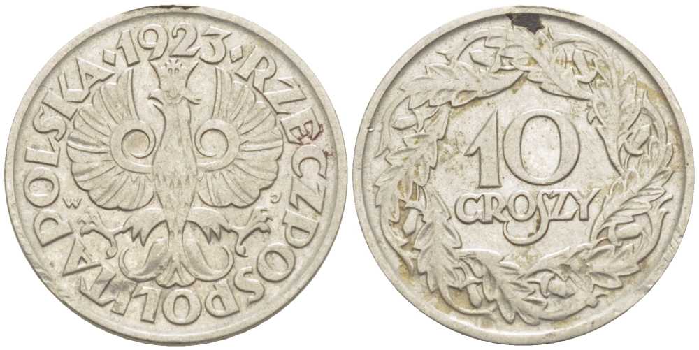 ПОЛЬША 10 ГРОШЕЙ 1923 KM 11 никель 3309-712