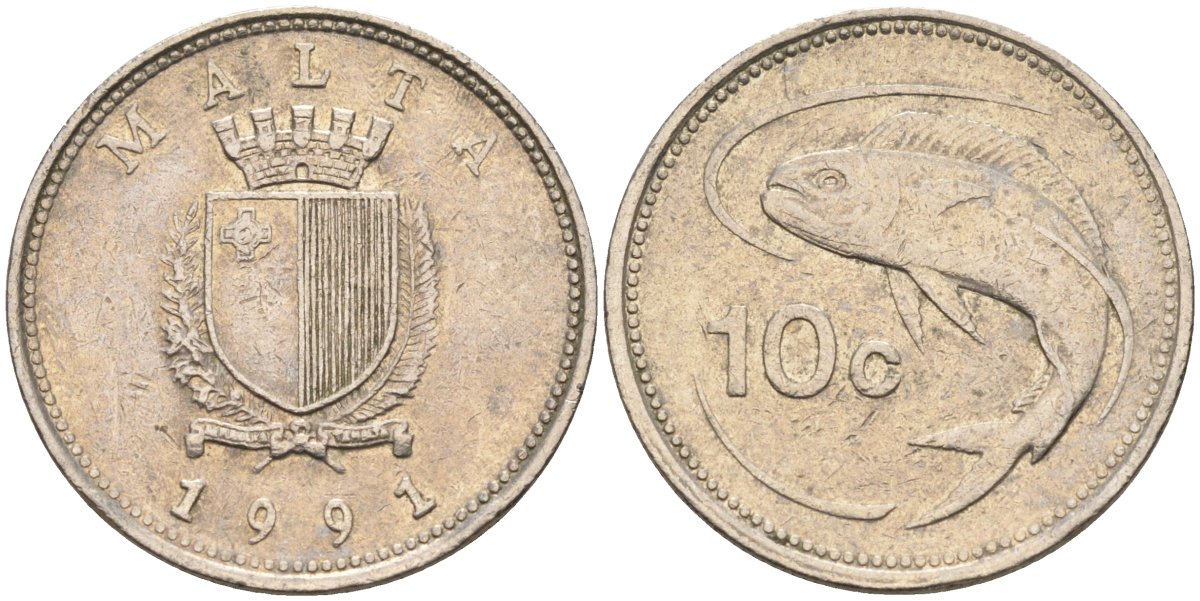 Мальта 10 центов 1991 золотая макрель KM 96 медно-никель 4588-224