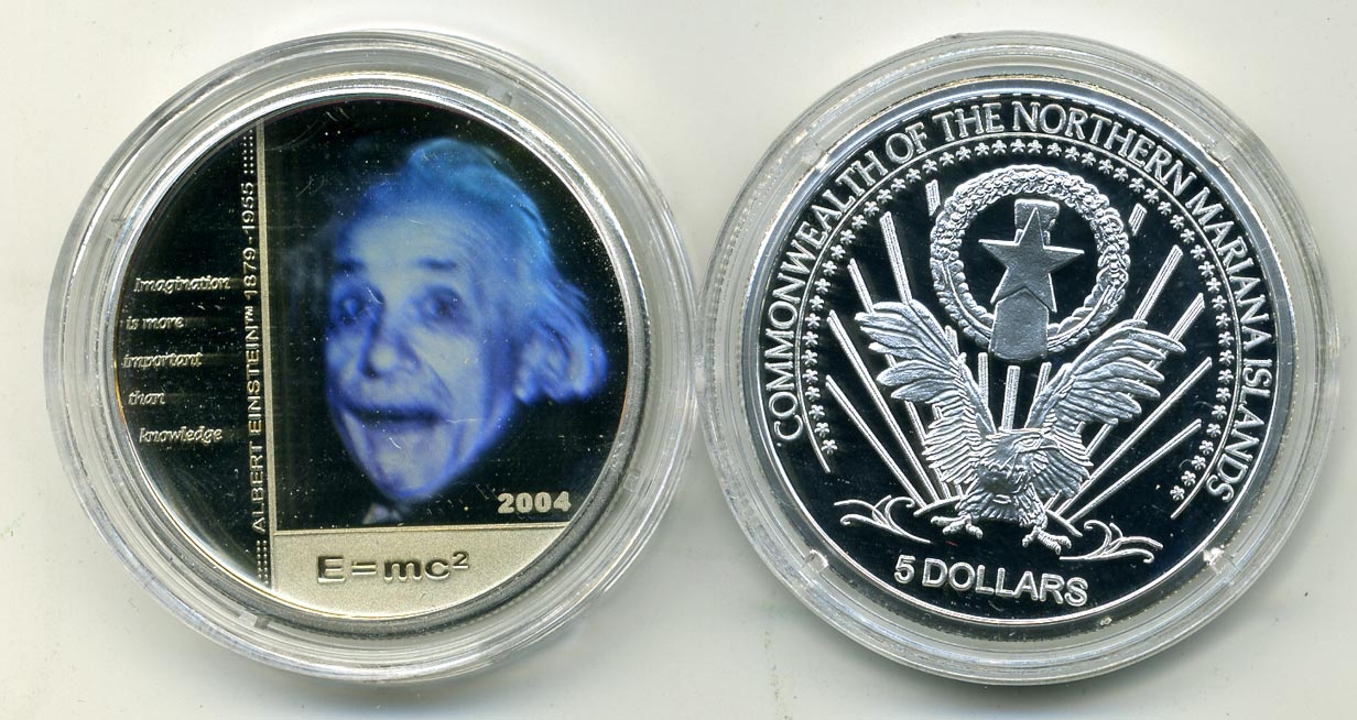 Северные Марианские острова 5 долларов 2004 Альберт Эйнштейн, формула, голограмма KM X5 серебро PROOF M2-03
