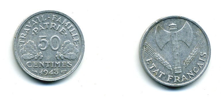 ФРАНЦИЯ 50 САНТИМОВ 1943 ПРАВИТЕЛЬСТВО ВИШИ KM 914.1, LE FRANC 196.1 алюминий 84-356
