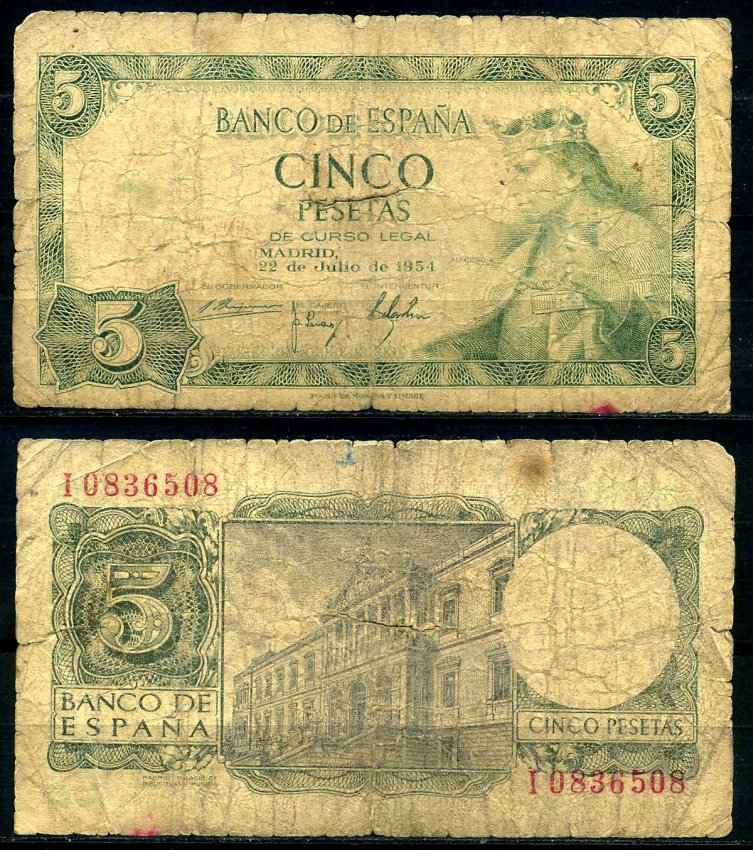 Испания 5 песет 1954 Альфонсо X, король Кастилии и Леона, дворец библиотек и музеев, Мадрид Pick 146 a бумага 7203-35-2-2