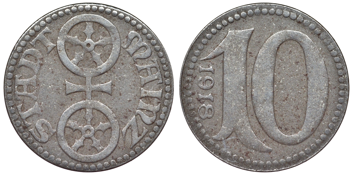 Германия, Майнц 10 пфеннигов 1918 Рейнлянд-Пфальц, нотгельд Funck 314.4 железо 4119-1021