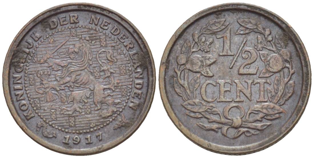 НИДЕРЛАНДЫ 1/2 ЦЕНТА 1917 ВИЛЬГЕЛЬМИНА I (1891-1948) KM 138 бронза 4547-1245
