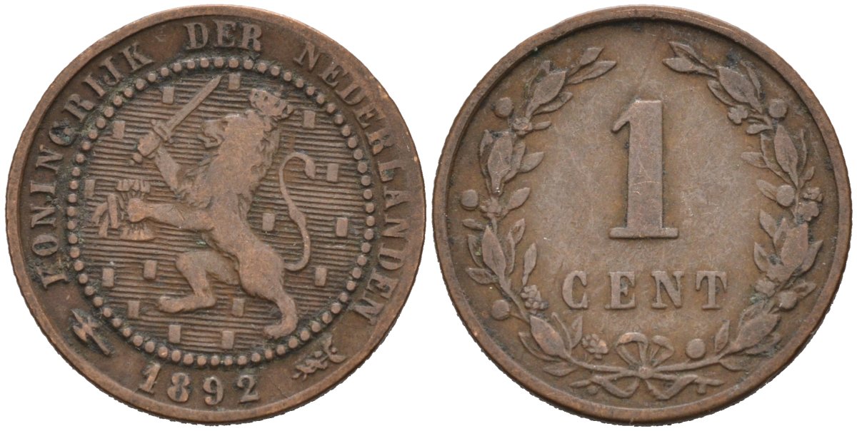 Нидерланды 1 цент 1892 Вильгельмина (1890-1948) KM 107 бронза 4576-622