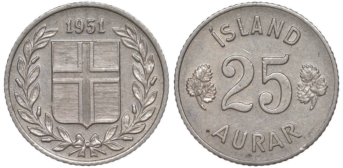 Исландия 25 эйре 1951 KM 11 медно-никель 4594-341