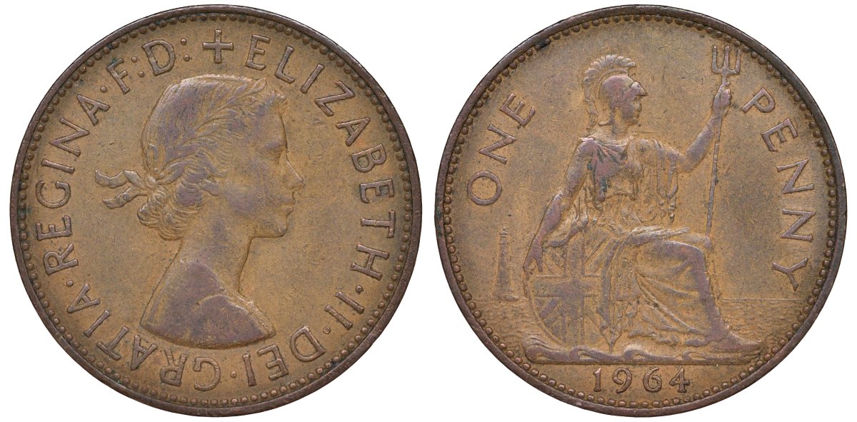 Великобритания 1 пенни 1964 Елизавета II (1952-2022) KM 897, Spink 4157 бронза 51-2327