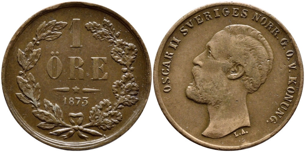 Швеция 1 эре 1873 L.A. Оскар II (1872-1907) король Швеции и Норвегии KM 728 бронза 1530-532