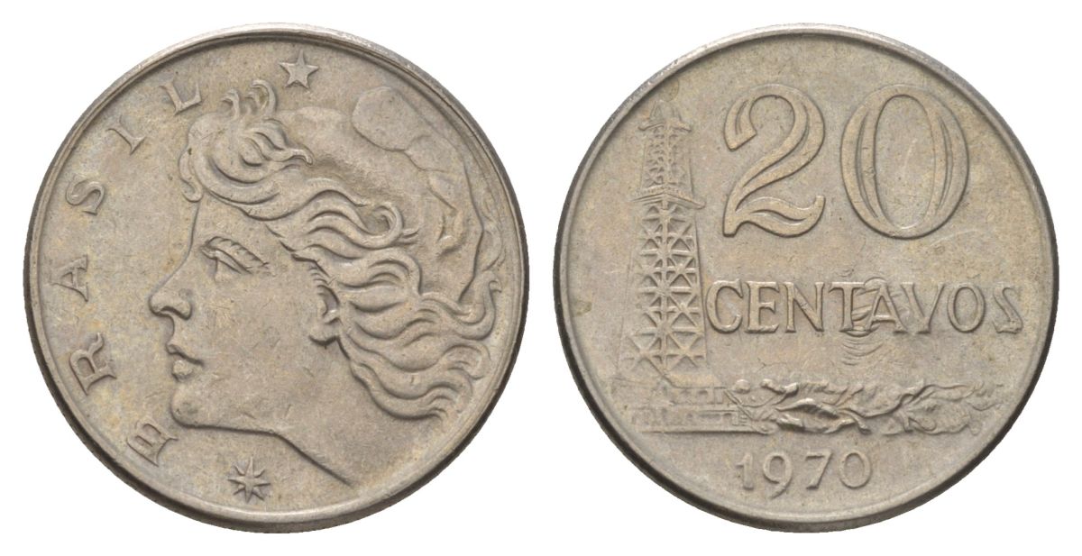 Бразилия 20 сентаво 1970 голова Свободы влево KM 579.2, Schon 84a медно-никель 4626-123