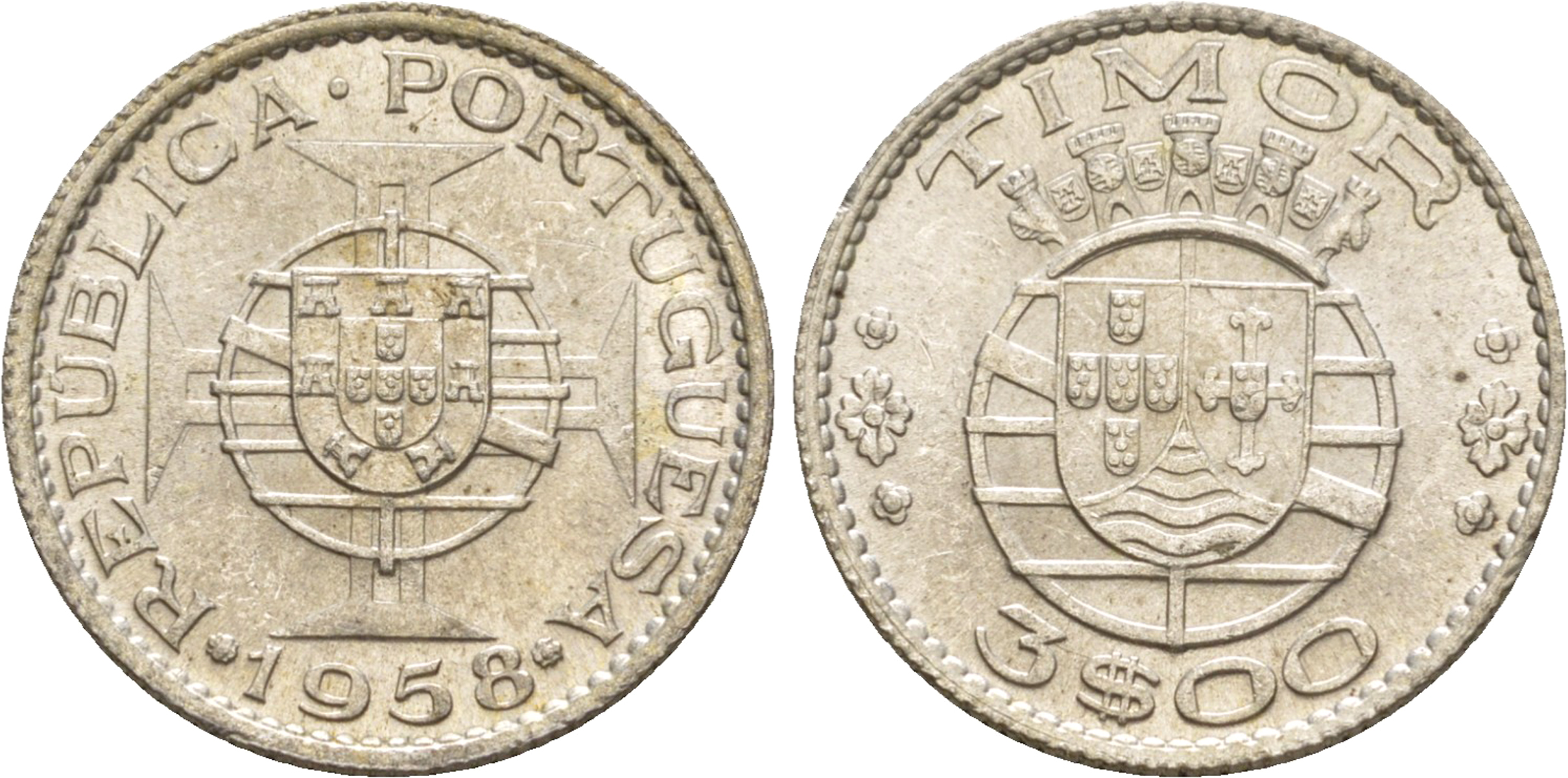 Португальский Тимор 3 эскудо 1958  KM 14 серебро  aUNC 4635-843