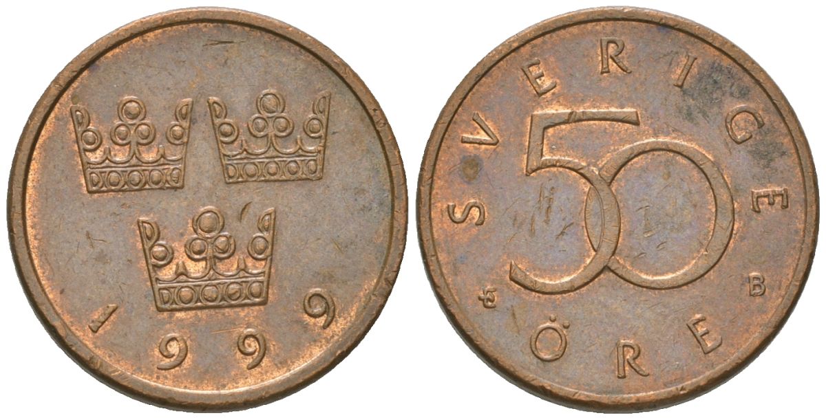 Швеция 50 эре 1999 B, Карл XVI Густав (1973-) KM 878 бронза aUNC 4617-1156