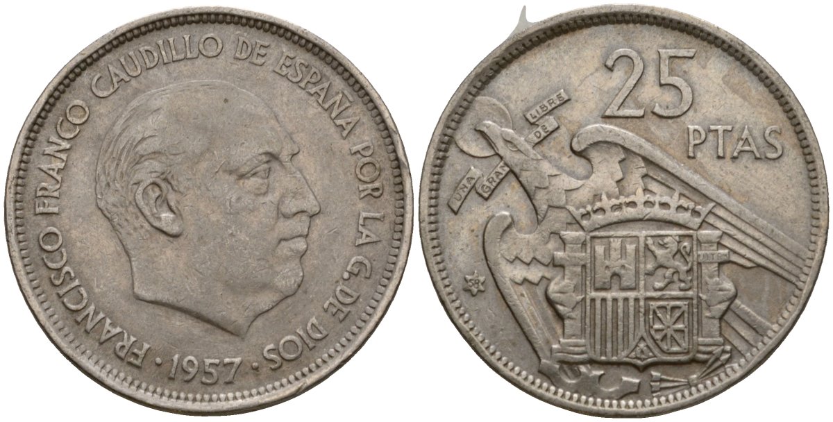 Испания 25 песет 1957 (58) KM 787 медно-никель 77-433
