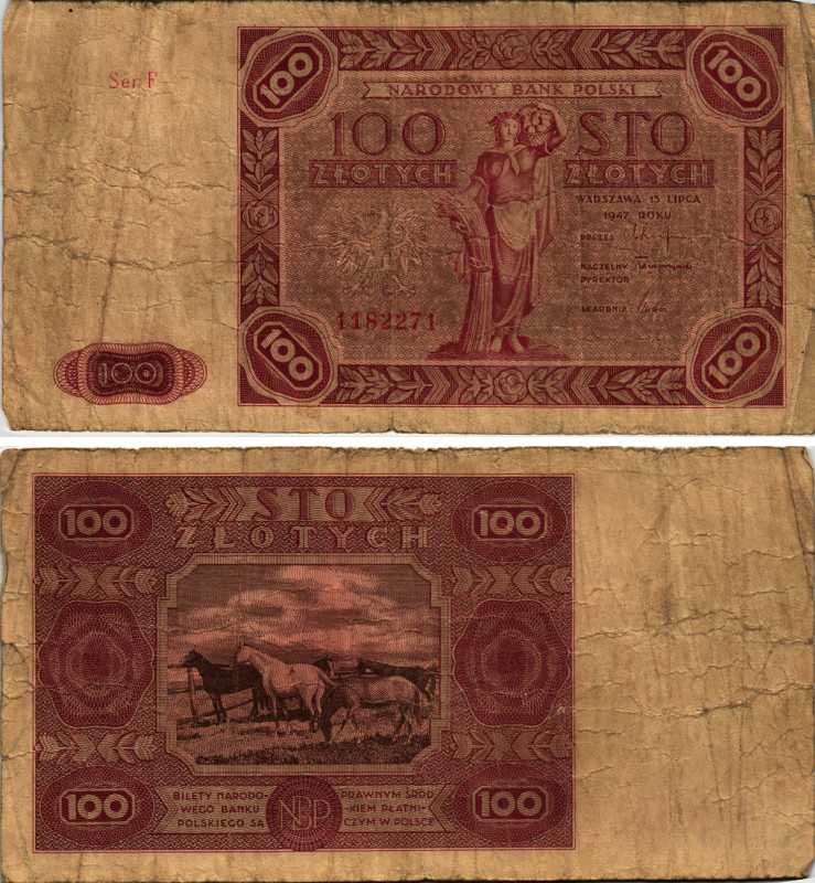 ПОЛЬША 100 ЗЛОТЫХ 1947 15 ИЮЛЯ 1947 Pick 131а бумага F 7487-48-2