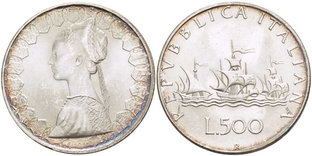 Италия 500 лир 1958 R, корабли Колумба KM 98 серебро 53-921