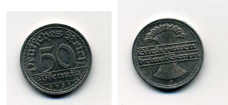ГЕРМАНИЯ 50 ПФЕННИГОВ 1921 G KM 27, J. 301 алюминий 35-1211