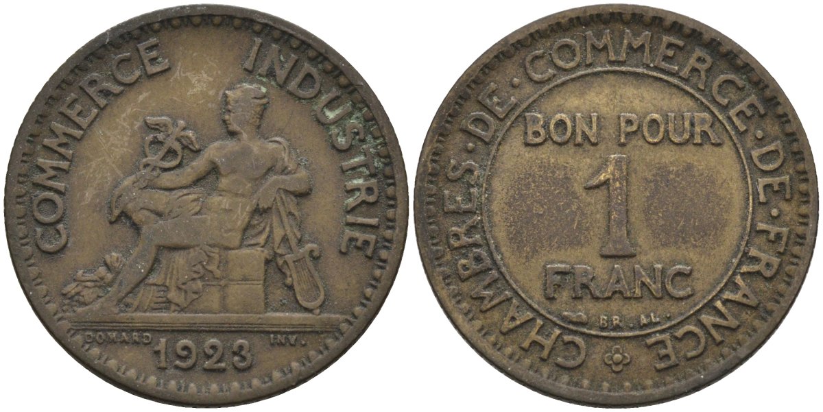 Франция 1 франк 1923 тип Chambres de Commerce KM 876, Le Franc 218.5 алюминиевая бронза 4116-1216