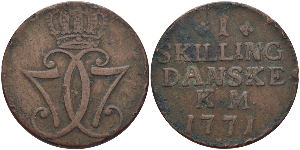 ДАНИЯ 1 СКИЛЛИНГ 1771 КМ, КРИСТИАН VII (1766-1808) KM 616 (С47) медь 97-1125