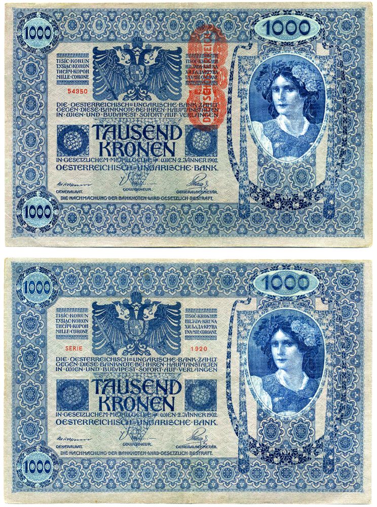 Австрия 1000 крон 1919 красная вертикальная надпечатка на 1902 Pick 59 бумага 8618-1-1-1
