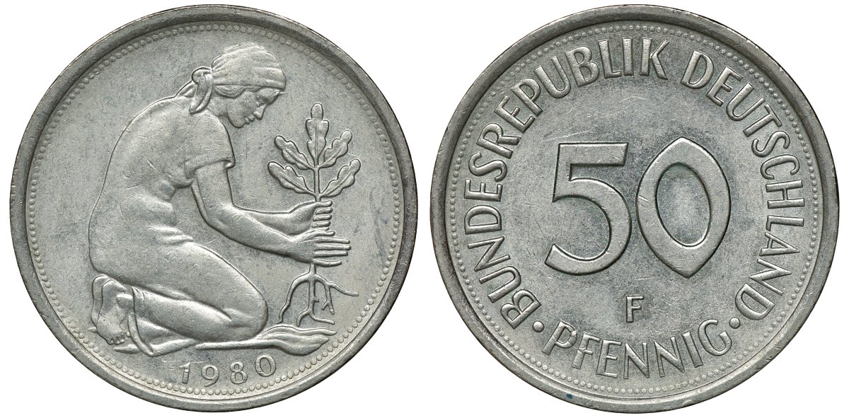 ФРГ 50 ПФЕННИГОВ 1980 J J 384a, KM 109.2 медно-никель aUNC 72-1115