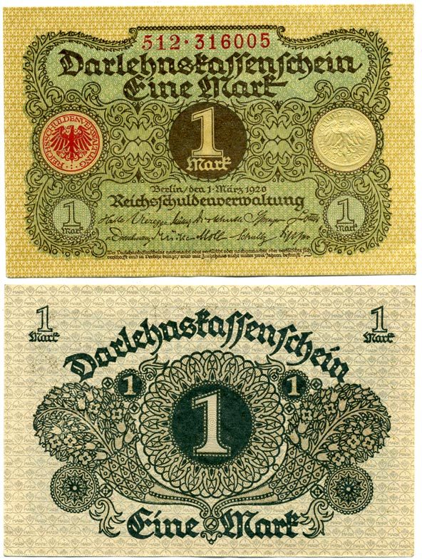 Германия 1 марка 1920 1 марта 1920, Веймарская республика Pick 58, Розенберг 64 бумага аUNC 7547-11-3