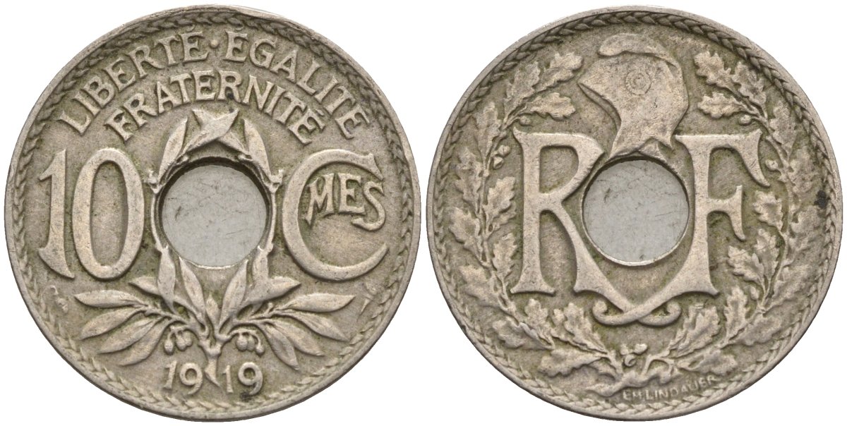 Франция 10 сантимов 1919 KM 866a, Le Franc 138.3 медно-никель 4143-844