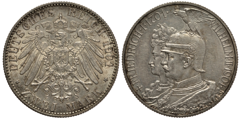 Пруссия 2 марки 1901 A, 200 лет Прусской королевской династии (Фридрих I - Вильгельм II) J.105, Weege 105, KM 525 серебро 3711-1023