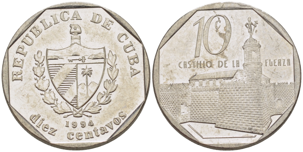 Куба 10 сентаво 1994 форт в Гаване Ла-Фуэрса KM 576.1 сталь плакированная никелем 66-661