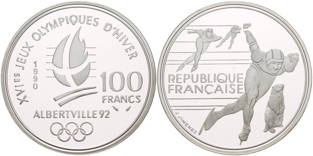 Франция 100 франков 1990 XVI Зимние Олимпийские игры 1992 в Альбервиле, конькобежный спорт KM 980 серебро PROOF 1081-6-13