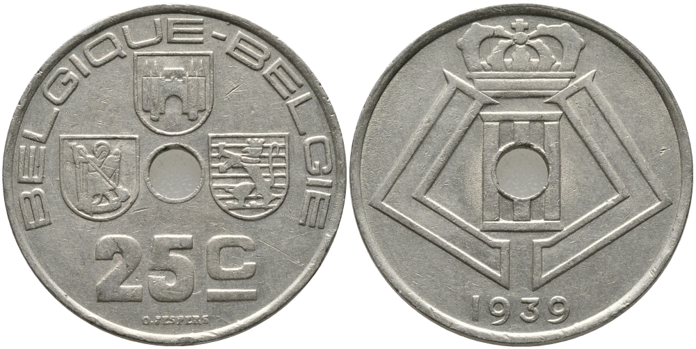 БЕЛЬГИЯ 25 САНТИМОВ 1939 BELGIQUE-BELGIE, ЛЕОПОЛЬД III (1934-1950) KM 114.1 никель латунь 94-933