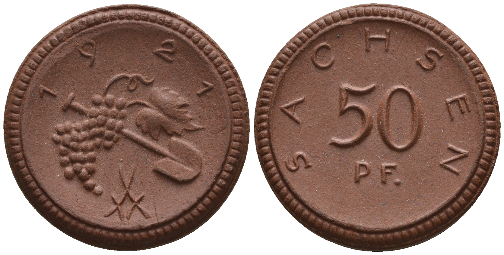 Саксония 50 пфеннигов 1921 виноград и лопата J. N 54 фарфор UNC 1094-8-43