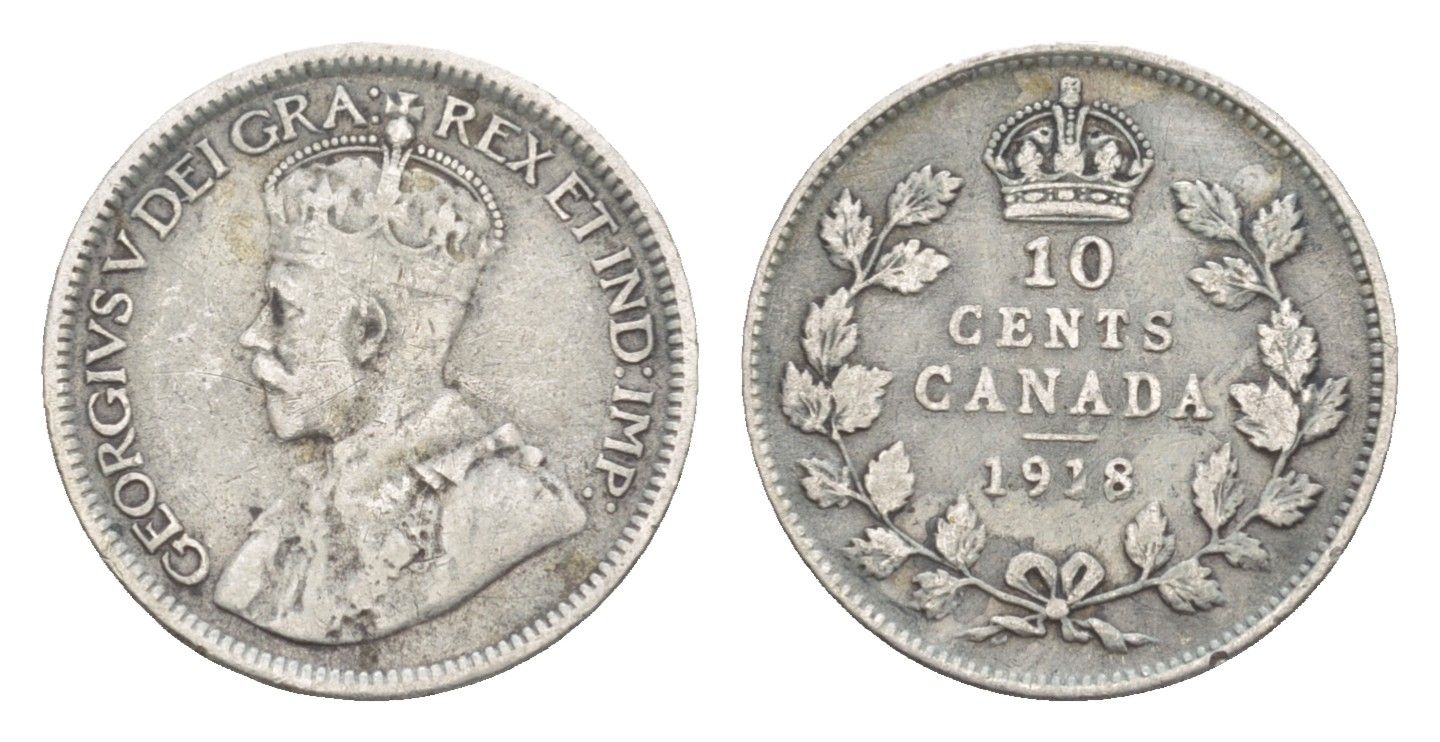 Канада 10 центов 1918 Георг VI (1936-1952) KM 23 серебро 4651-341