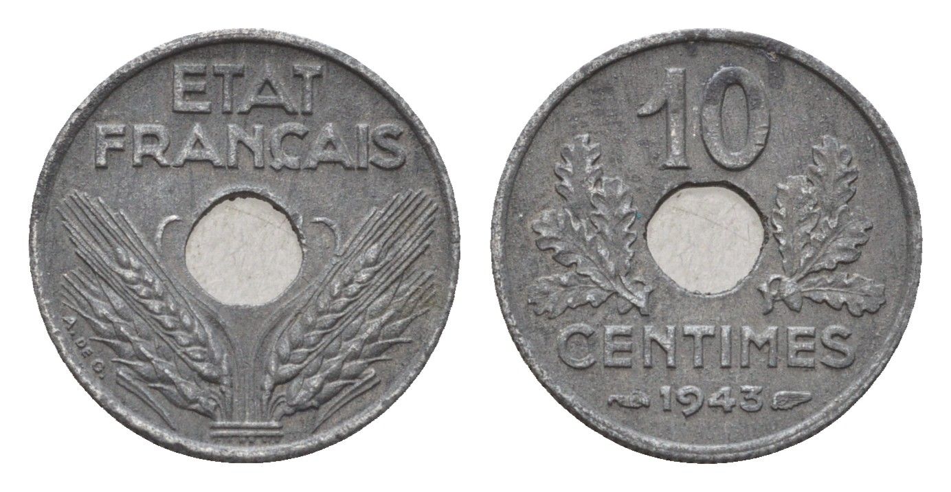 Франция 10 сантимов 1943 KM 903 цинк 4647-843