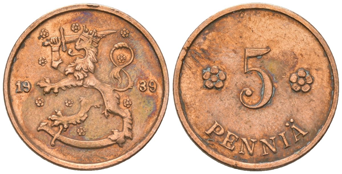 Финляндия 5 пенни 1939 KM 22 медь 4174-731