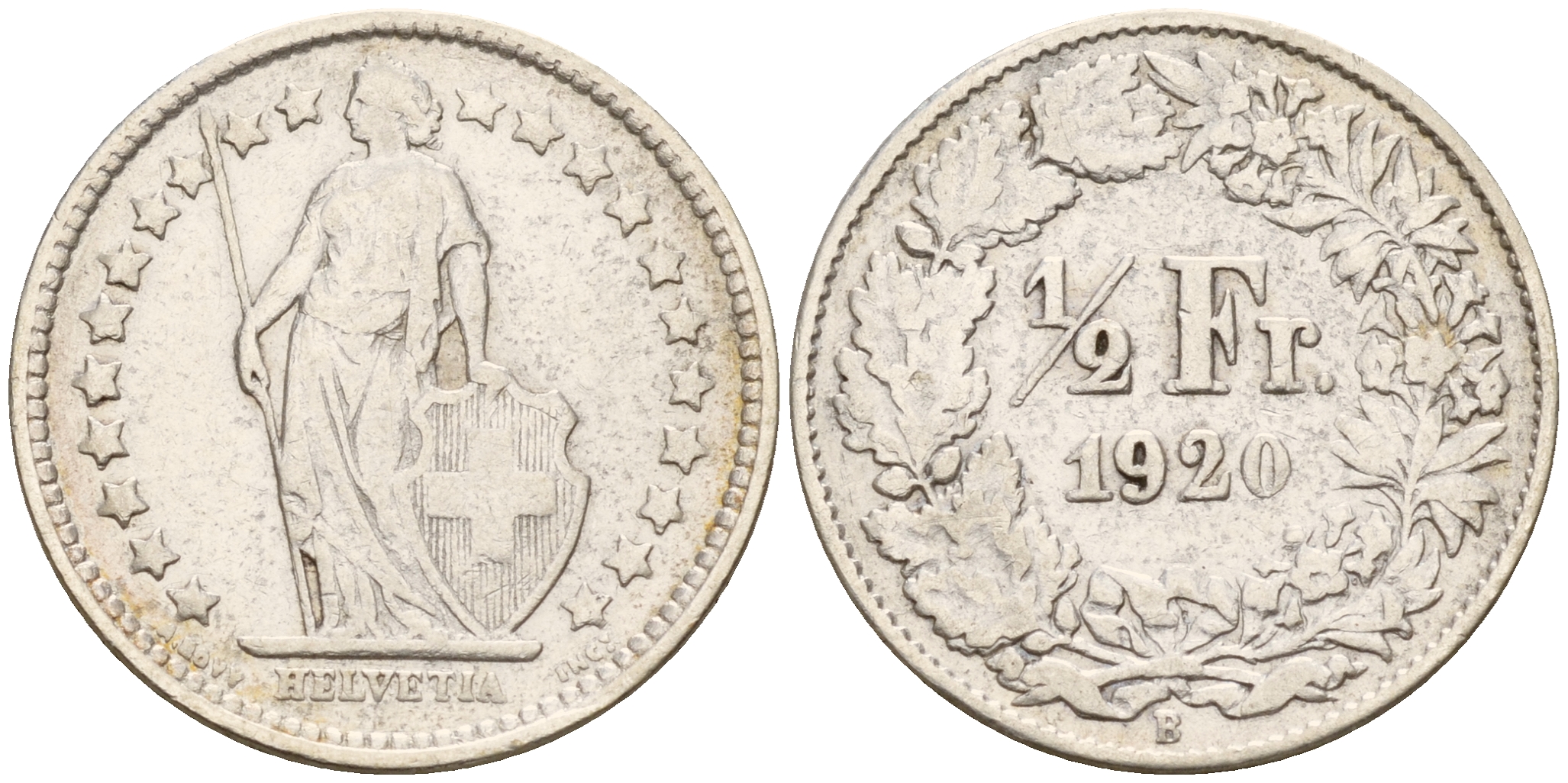 Швейцария 1/2 франка 1920 В  KM 23  серебро    4160-368