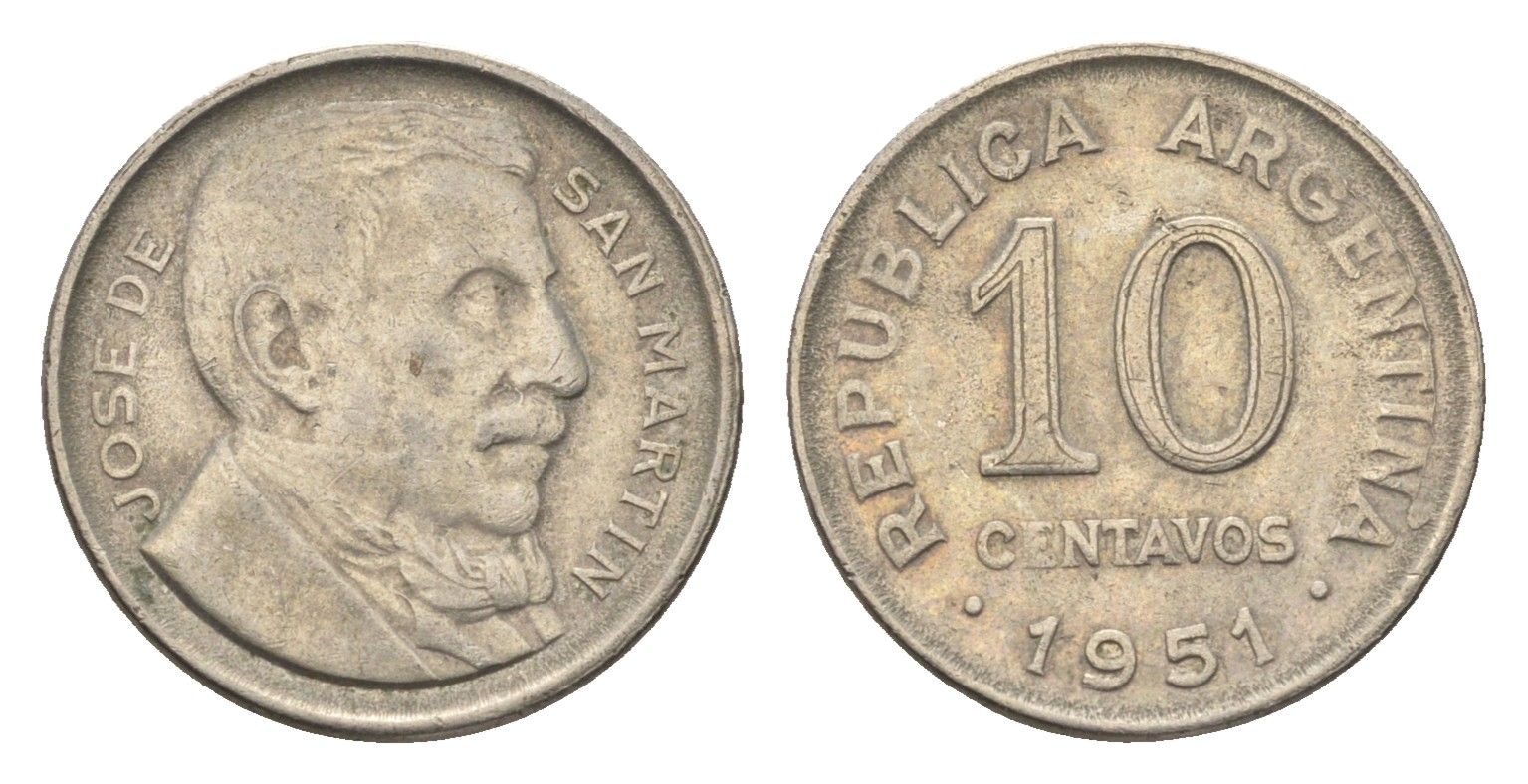 Аргентина 10 сентаво 1951 генерал Хосе де Сан Мартин KM 47 медно-никель 4664-545