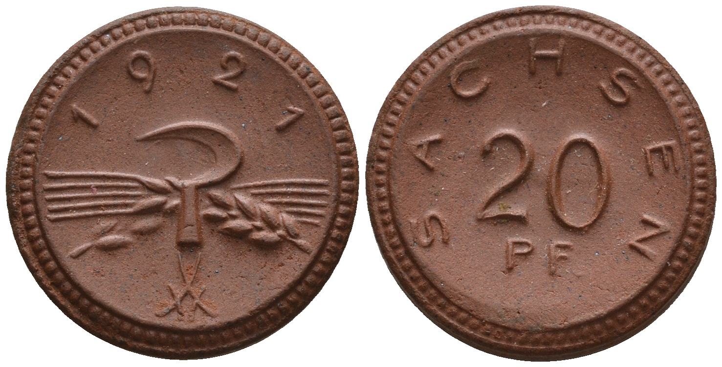 Саксония 20 пфеннигов 1921 колосья и серп J. N 53 фарфор UNC 1094-9-35