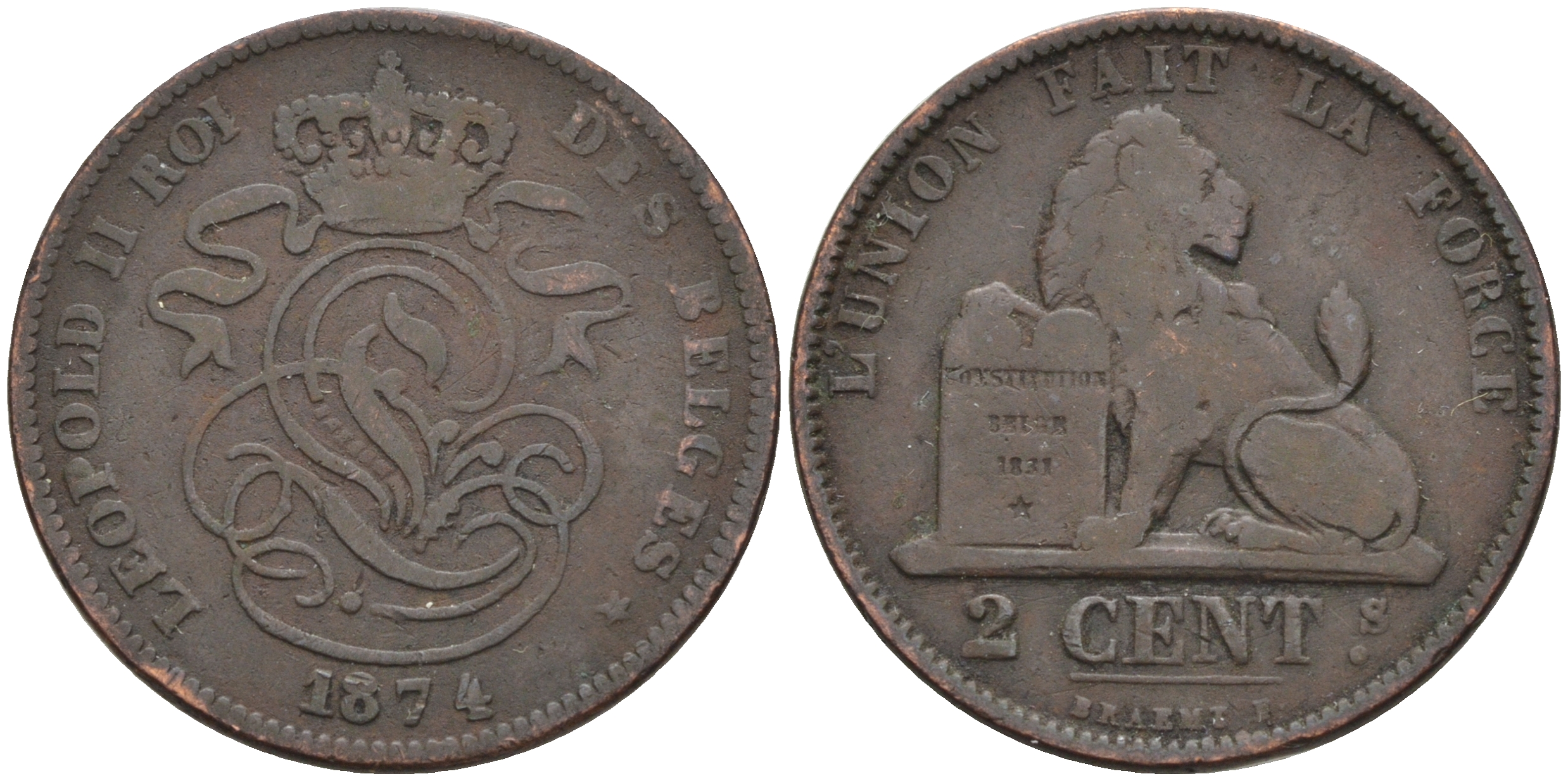 Бельгия 2 сантима 1874 Belges KM 35.1 медь 4595-216