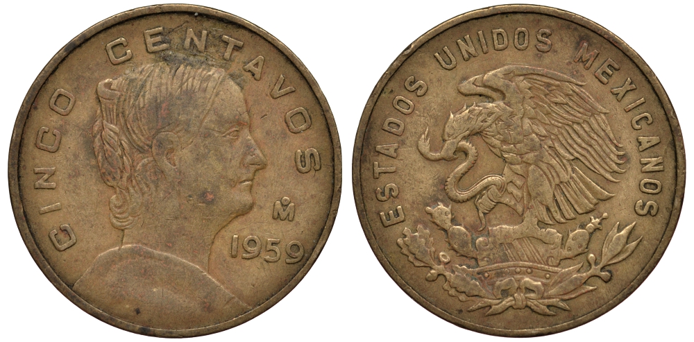 Мексика 5 сентаво 1959 Жозефа Ортис де Домингес KM 426 латунь G 4182-122