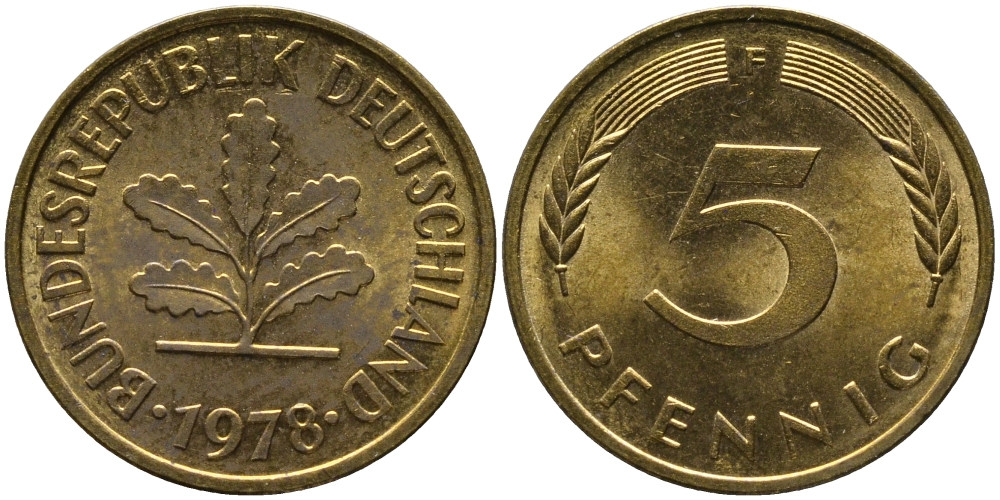 ФРГ 5 пфеннигов 1978 F KM 107, J.382 сталь плакированная латунью 99-117